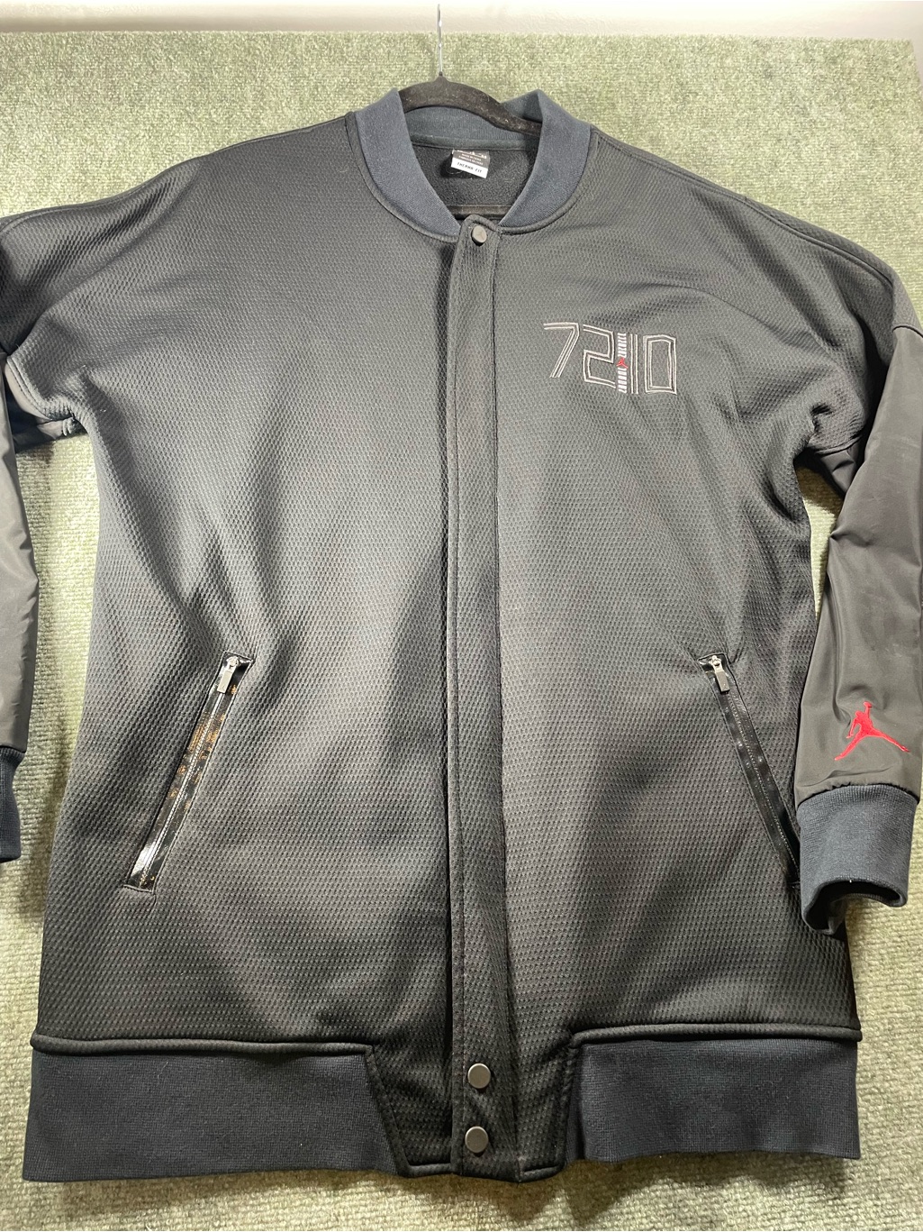 Air Jordan 72-10 Thermal Black Bomber Jacket With Red Jumpman Accent